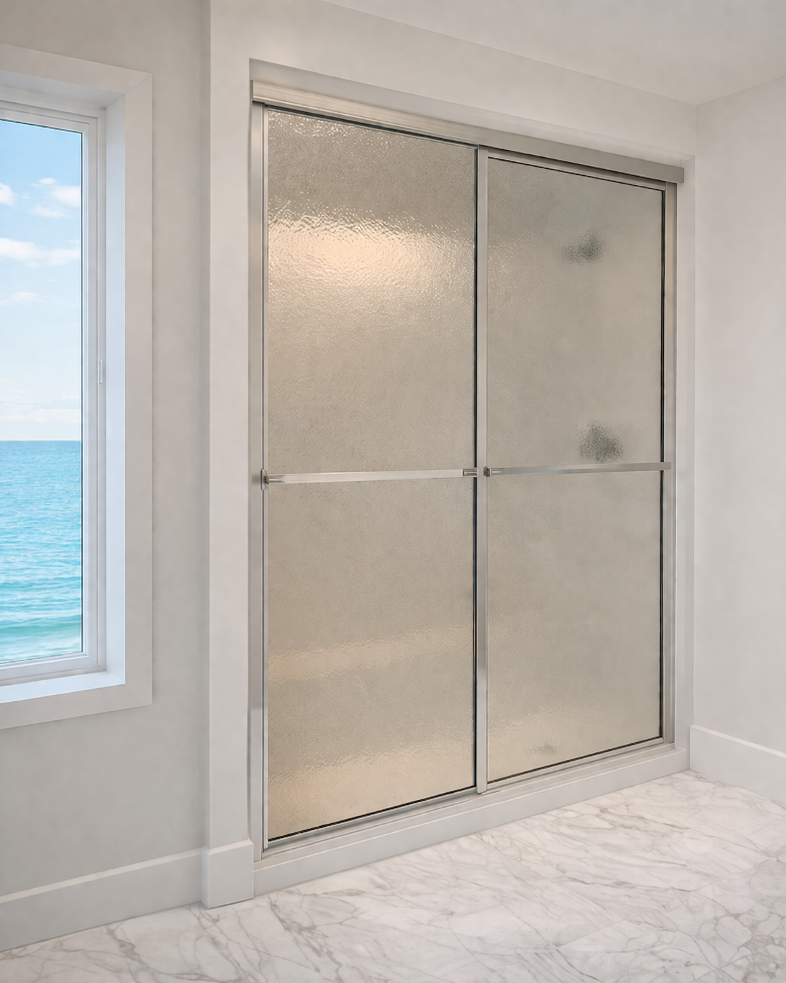 After — clean frameless glass shower with upgraded tile