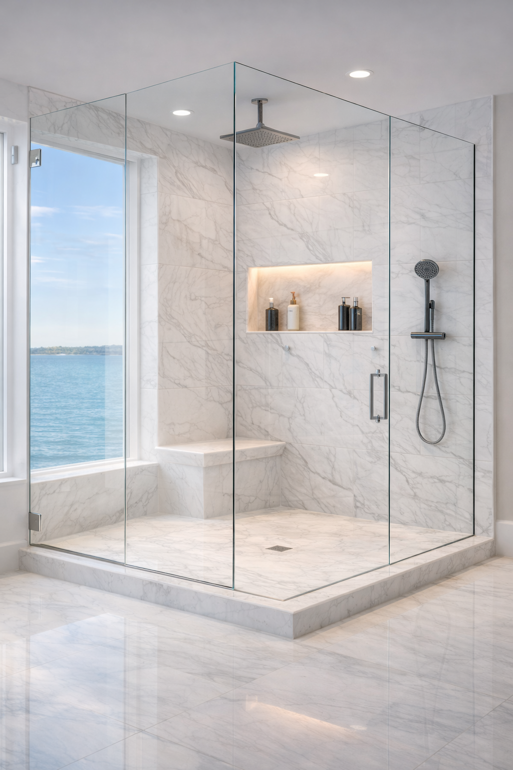 Before — framed shower enclosure with heavy metal lines
